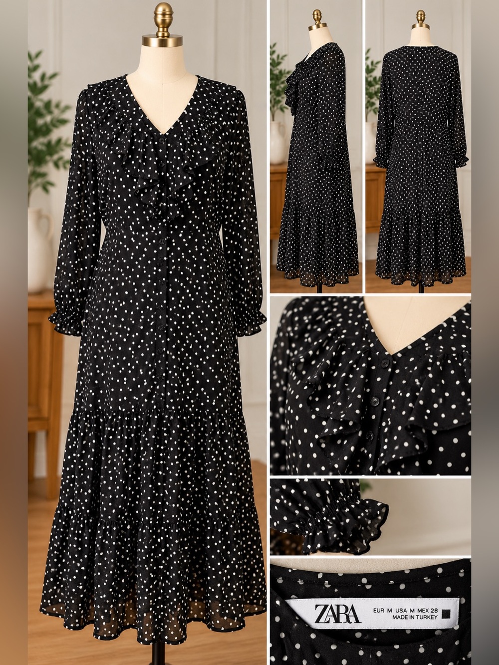 ZARA Black White Polka Dot Ruffle Front Midi Dress Long Sleeve Size M